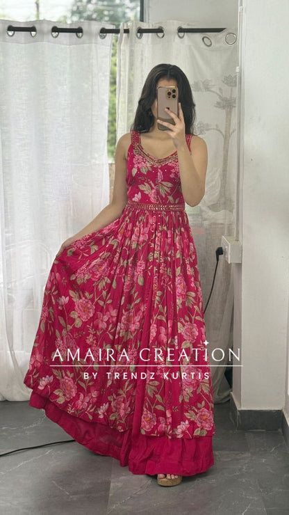 Premium Chinnon Floral Print Centre Slit Skirt Set(17 inches sleeves available)