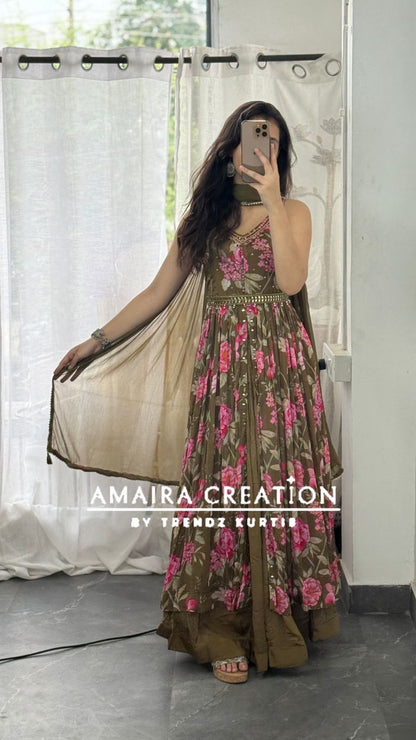 Premium Chinnon Floral Print Centre Slit Skirt Set(17 inches sleeves available)