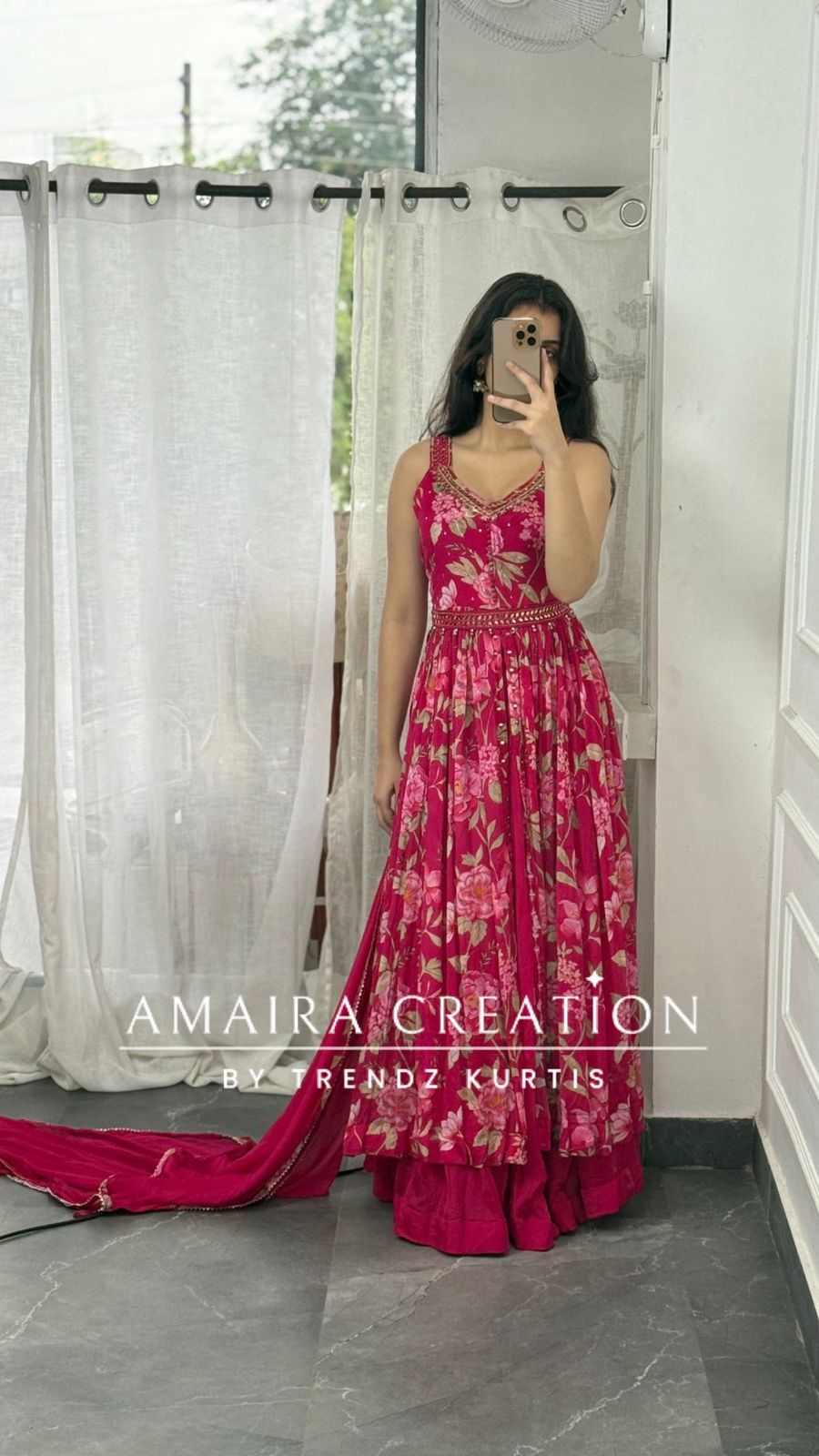 Premium Chinnon Floral Print Centre Slit Skirt Set(17 inches sleeves available)