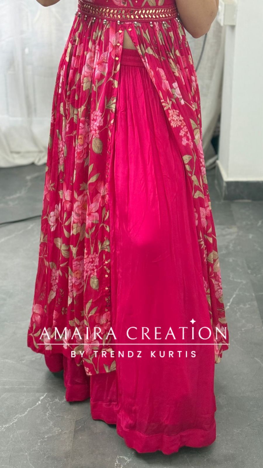 Premium Chinnon Floral Print Centre Slit Skirt Set(17 inches sleeves available)