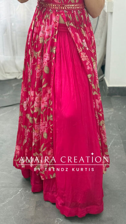 Premium Chinnon Floral Print Centre Slit Skirt Set(17 inches sleeves available)