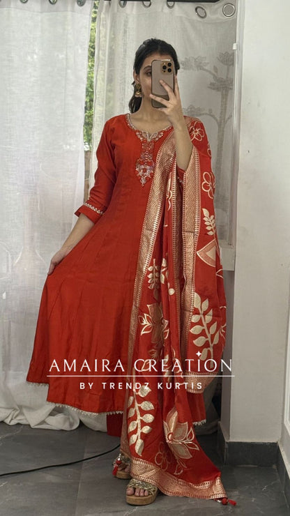 Premium Silk Orange Anarkali Set
