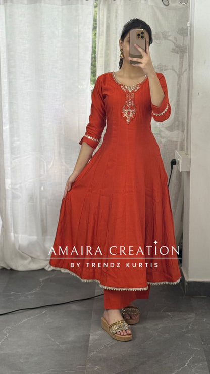 Premium Silk Orange Anarkali Set
