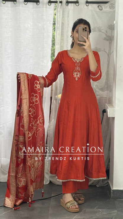 Premium Silk Orange Anarkali Set