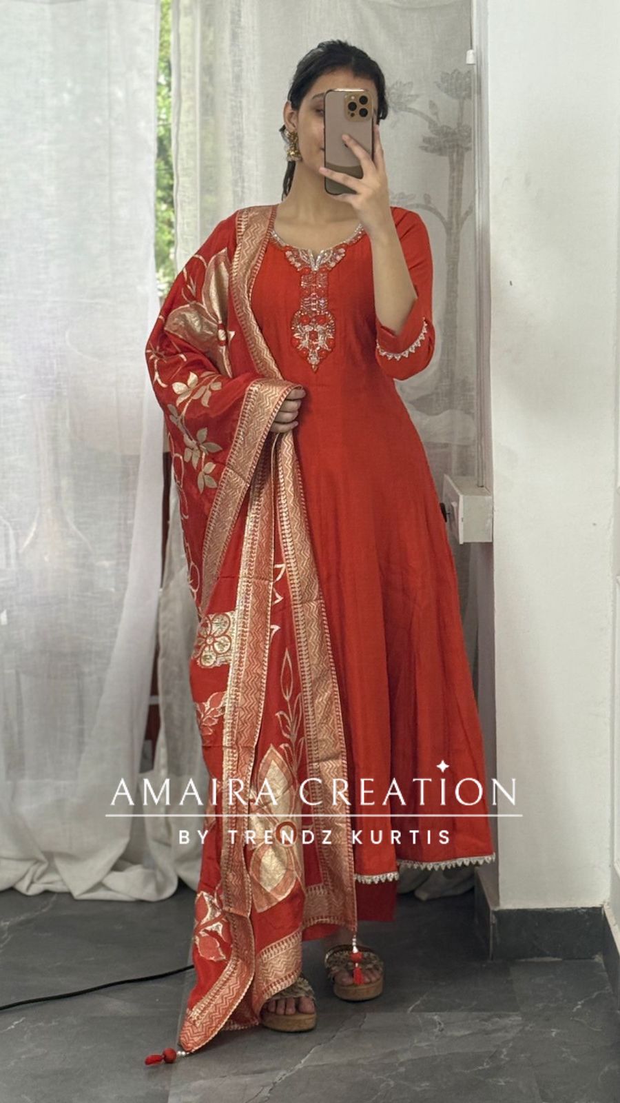 Premium Silk Orange Anarkali Set