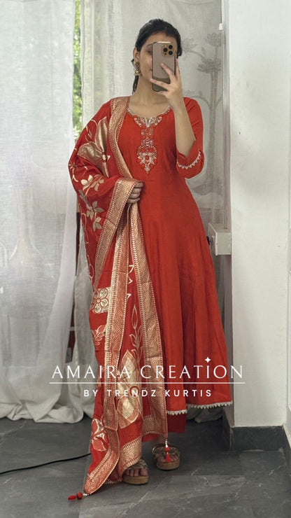Premium Silk Orange Anarkali Set