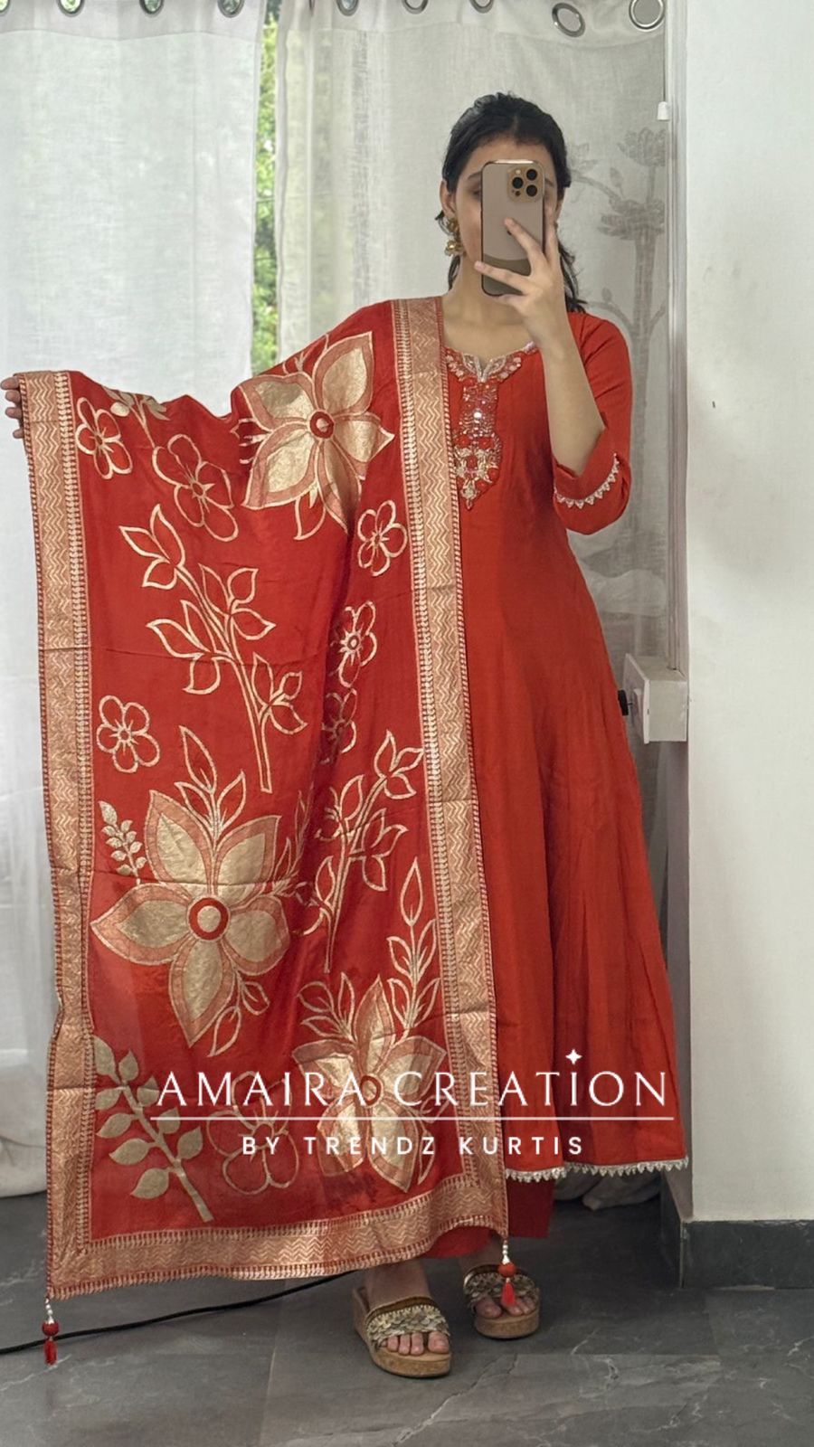 Premium Silk Orange Anarkali Set