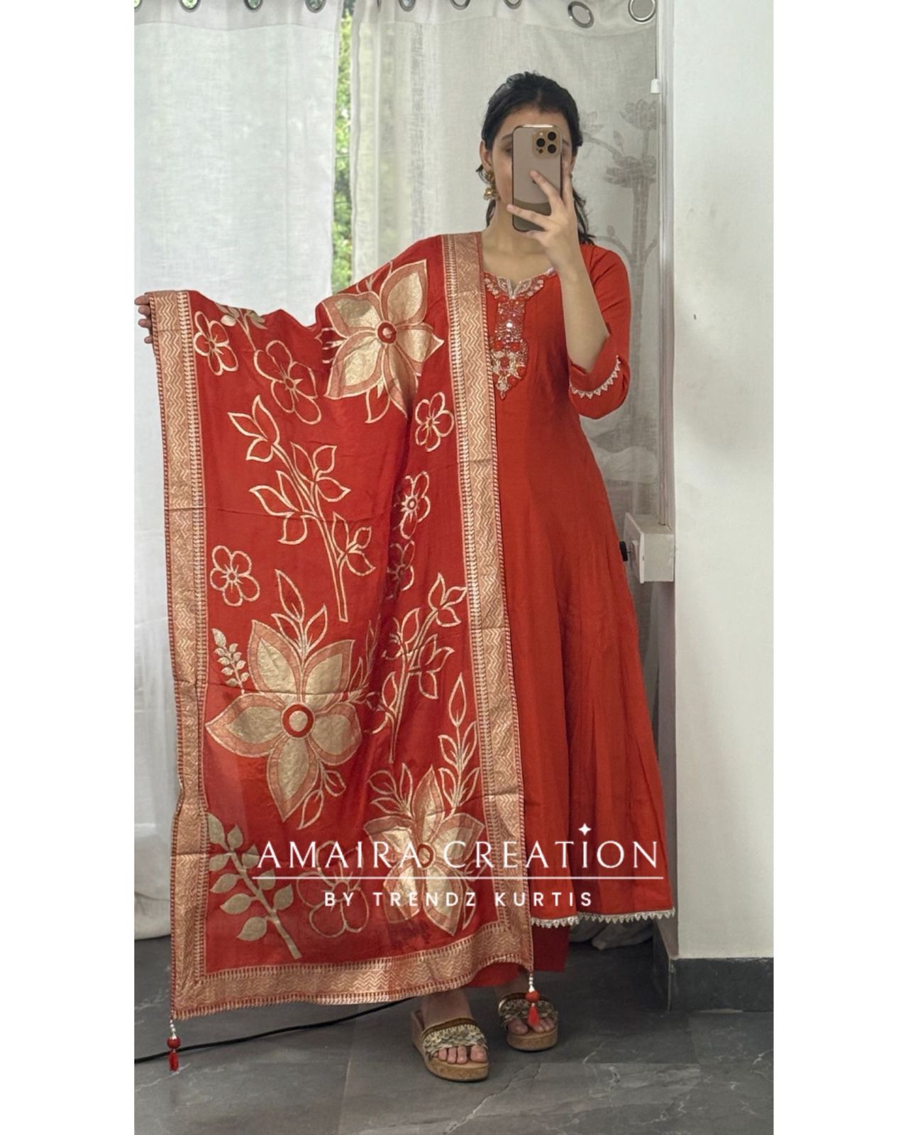 Premium Silk Orange Anarkali Set