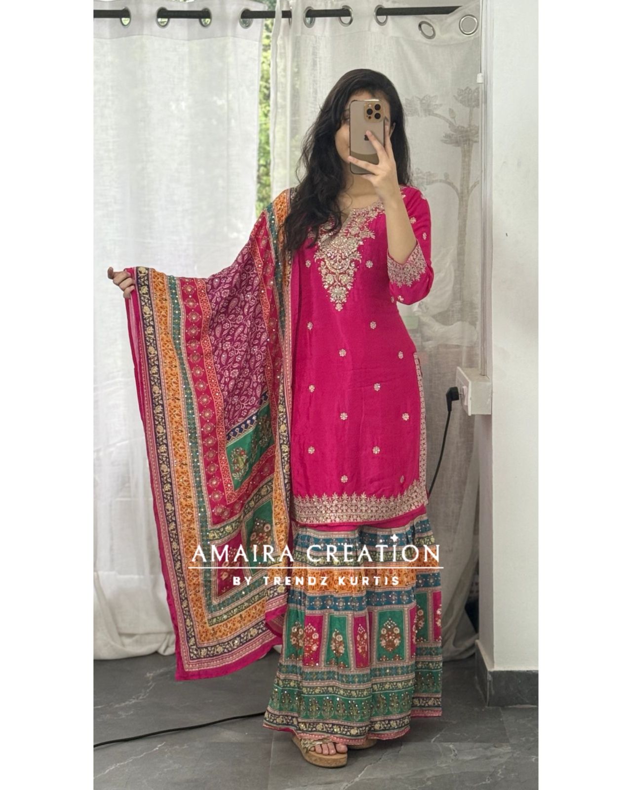 Premium Chinnon Magenta Pink Crepe Sharara Set