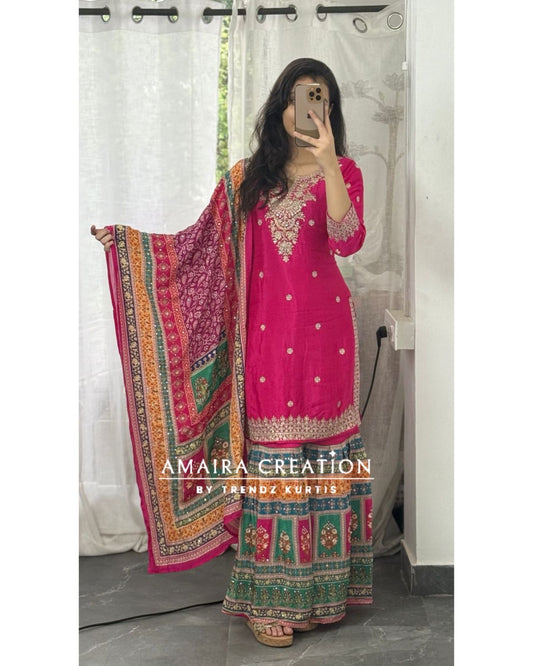 Premium Chinnon Magenta Pink Crepe Sharara Set