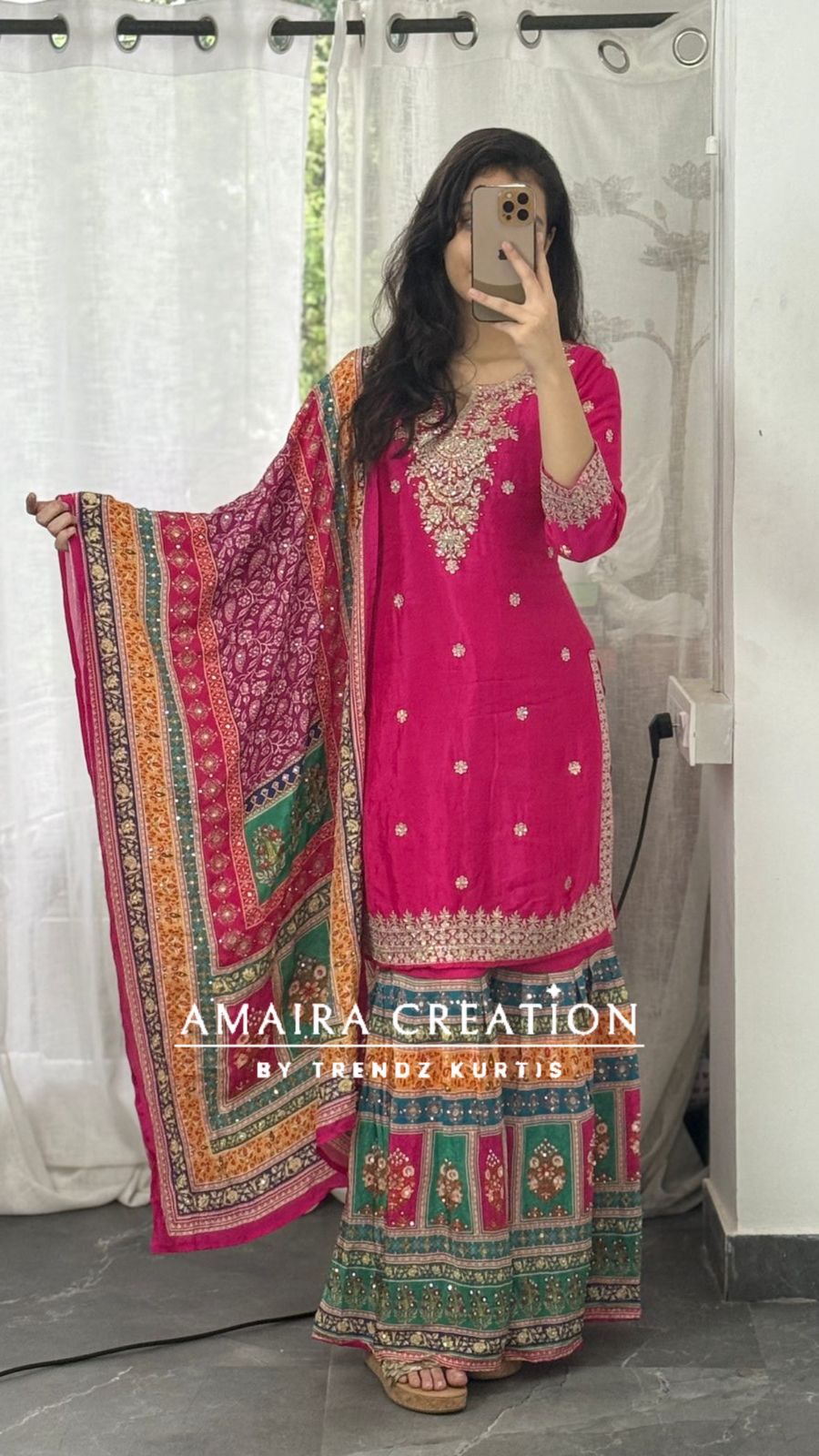 Premium Chinnon Magenta Pink Crepe Sharara Set