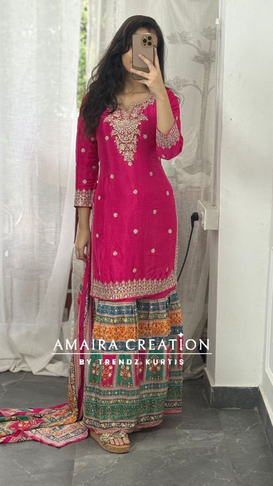 Premium Chinnon Magenta Pink Crepe Sharara Set