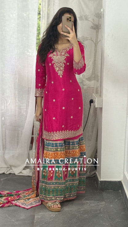 Premium Chinnon Magenta Pink Crepe Sharara Set