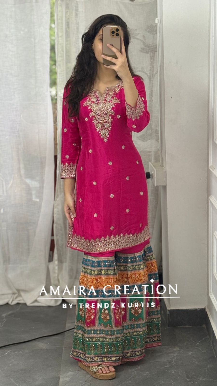 Premium Chinnon Magenta Pink Crepe Sharara Set