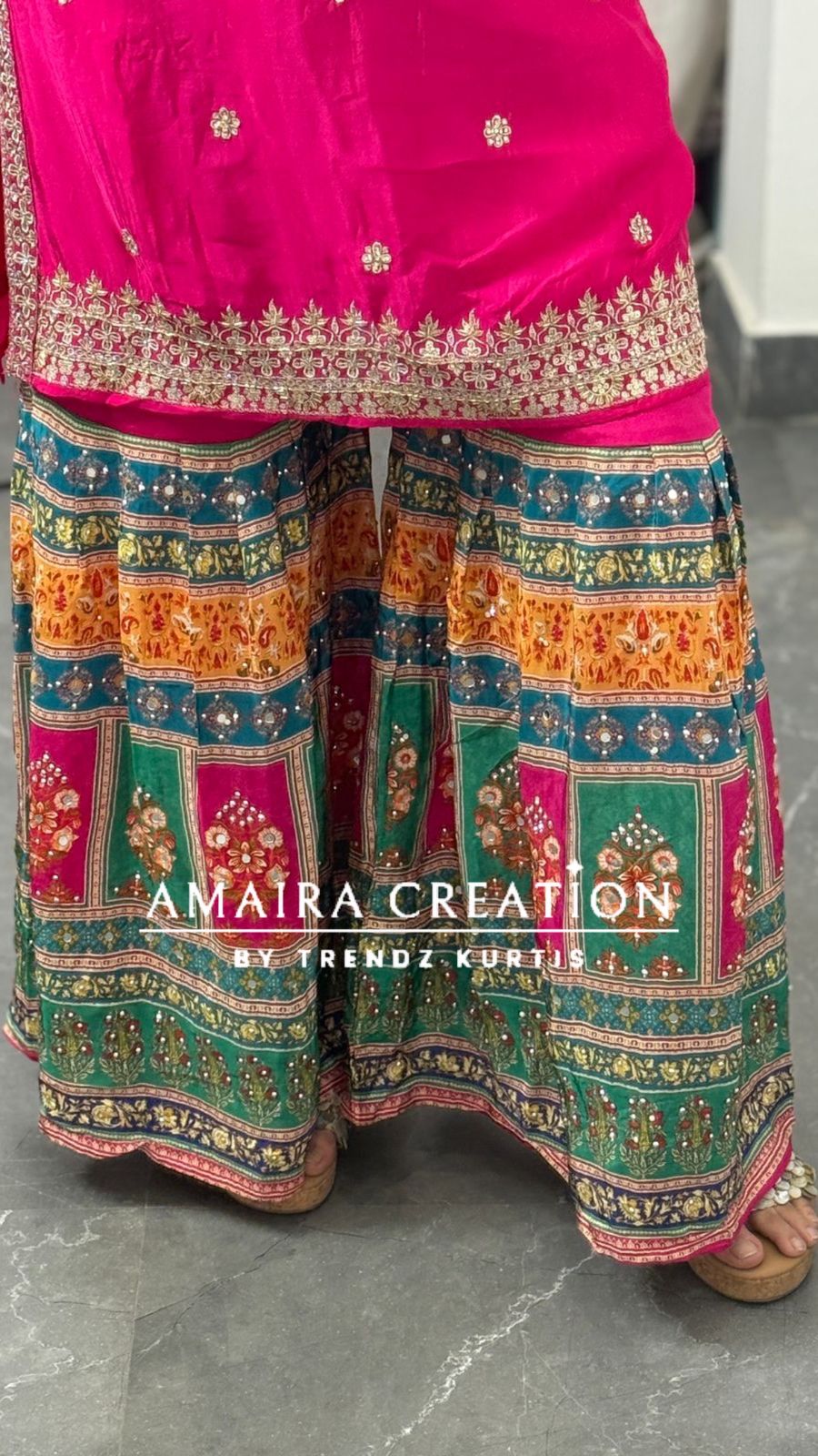 Premium Chinnon Magenta Pink Crepe Sharara Set