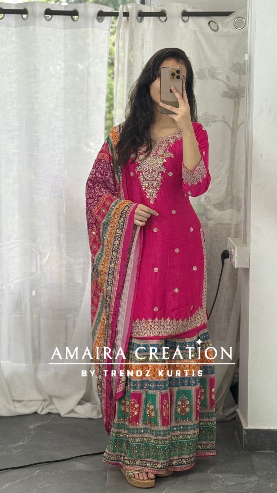 Premium Chinnon Magenta Pink Crepe Sharara Set