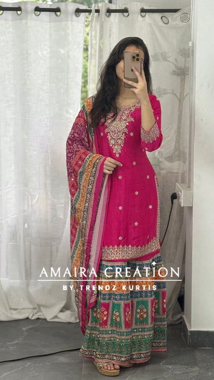 Premium Chinnon Magenta Pink Crepe Sharara Set