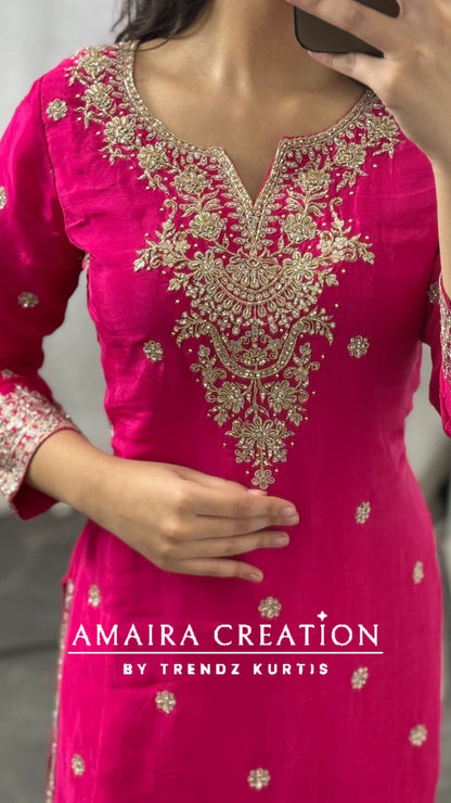 Premium Chinnon Magenta Pink Crepe Sharara Set