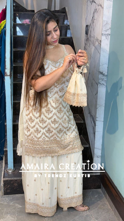 Premium Chinnon Strap Pattern Sharara Set (17 inches sleeves available)