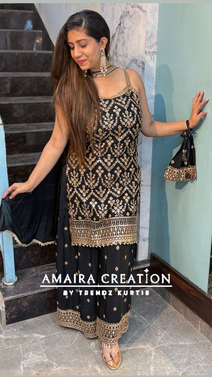 Premium Chinnon Strap Pattern Sharara Set (17 inches sleeves available)