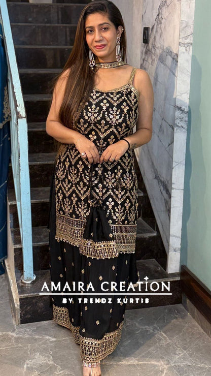 Premium Chinnon Strap Pattern Sharara Set (17 inches sleeves available)