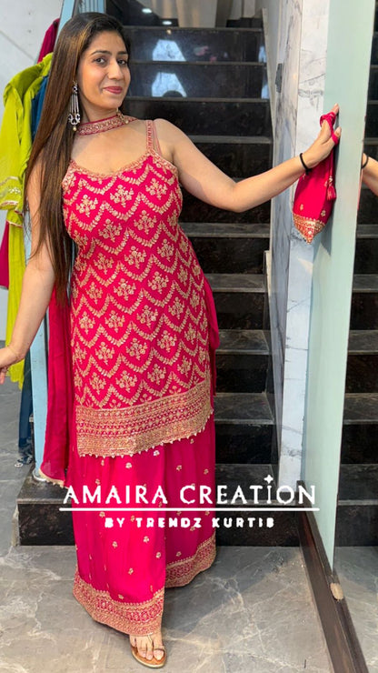 Premium Chinnon Strap Pattern Sharara Set (17 inches sleeves available)