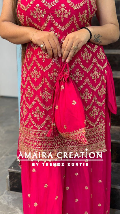 Premium Chinnon Strap Pattern Sharara Set (17 inches sleeves available)