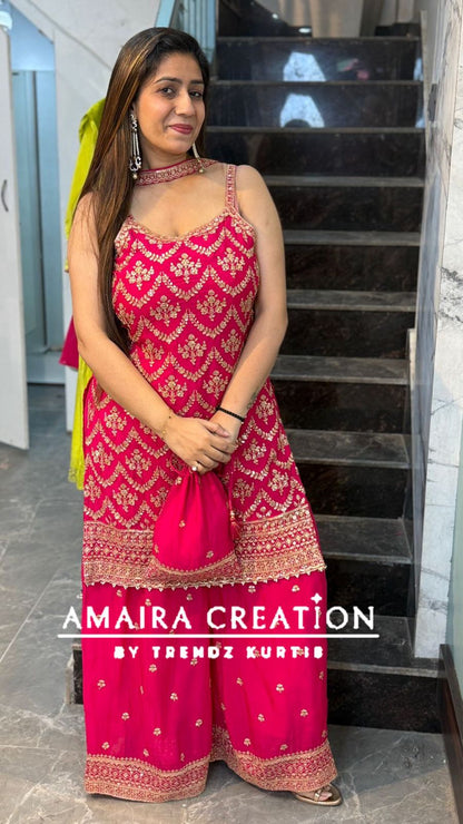 Premium Chinnon Strap Pattern Sharara Set (17 inches sleeves available)