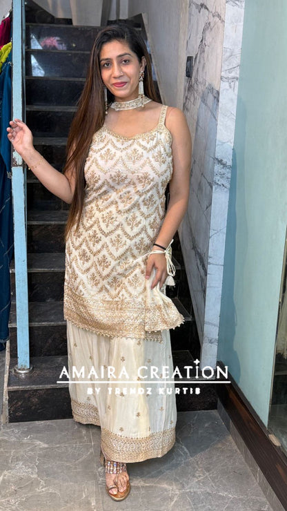 Premium Chinnon Strap Pattern Sharara Set (17 inches sleeves available)