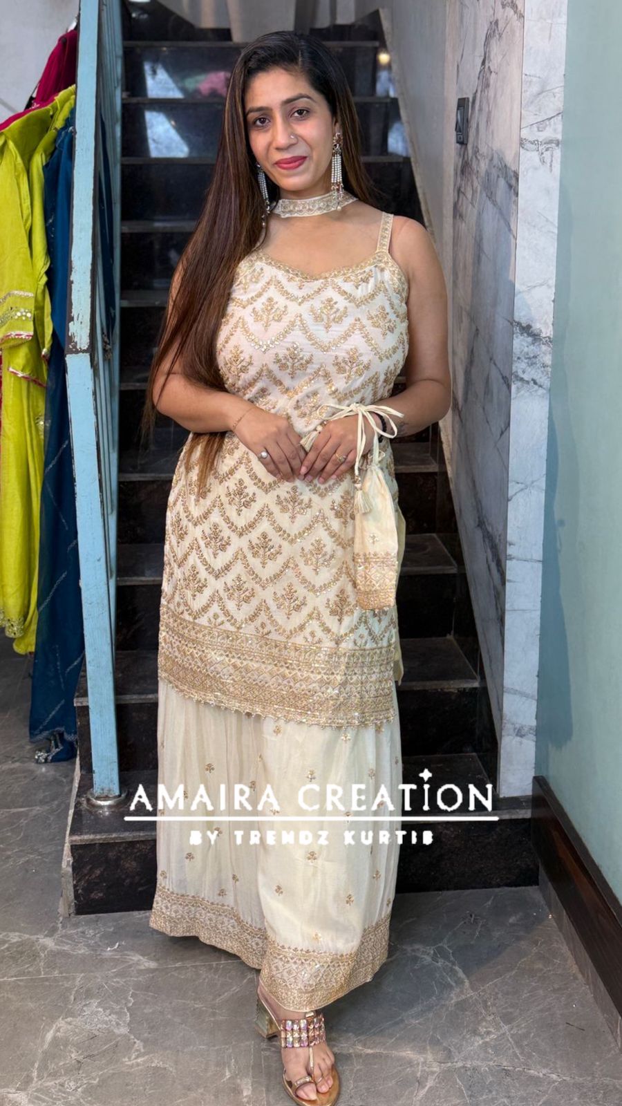 Premium Chinnon Strap Pattern Sharara Set (17 inches sleeves available)