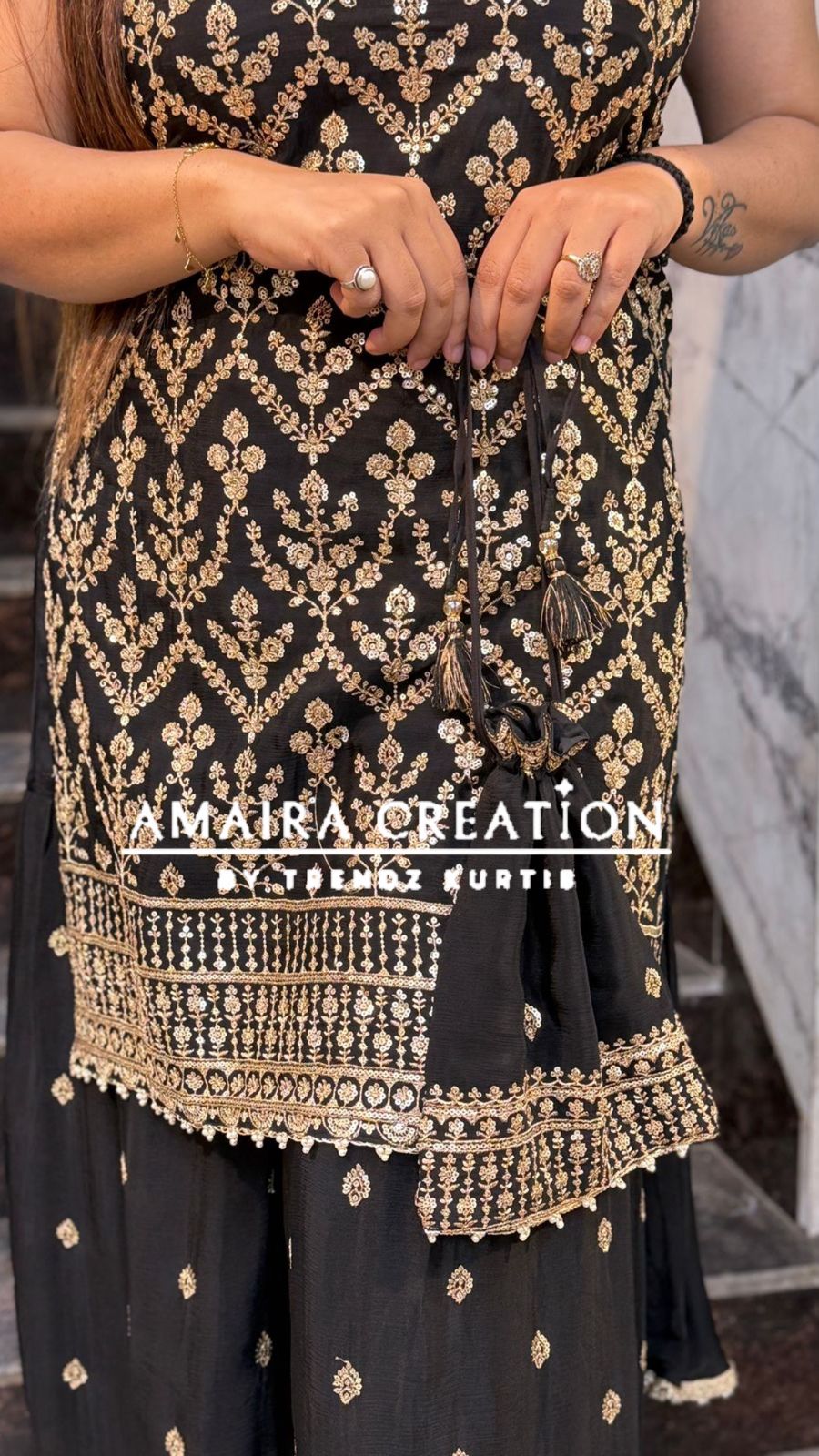 Premium Chinnon Strap Pattern Sharara Set (17 inches sleeves available)
