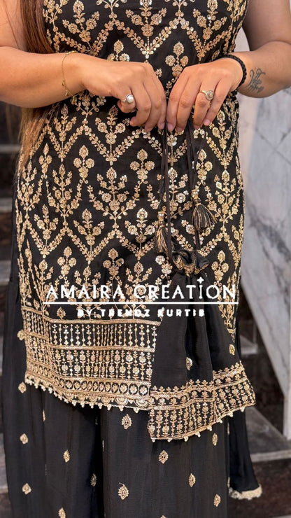 Premium Chinnon Strap Pattern Sharara Set (17 inches sleeves available)