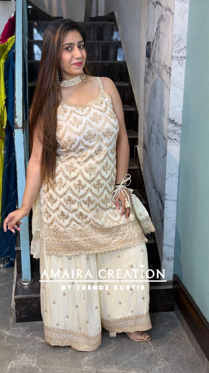 Premium Chinnon Strap Pattern Sharara Set (17 inches sleeves available)