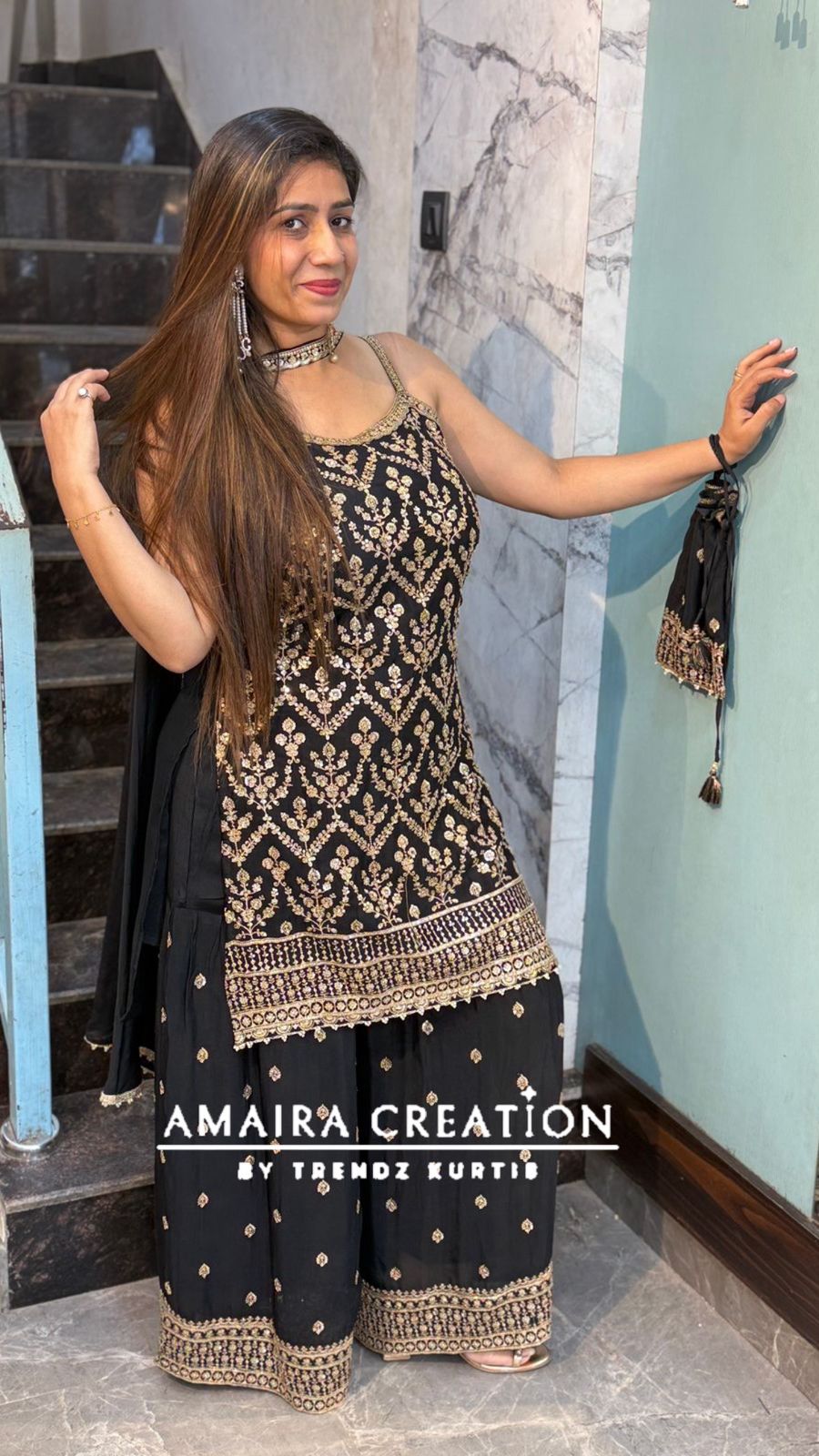 Premium Chinnon Strap Pattern Sharara Set (17 inches sleeves available)