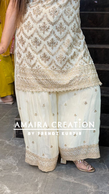 Premium Chinnon Strap Pattern Sharara Set (17 inches sleeves available)