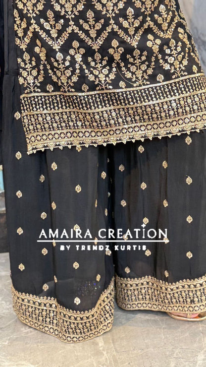 Premium Chinnon Strap Pattern Sharara Set (17 inches sleeves available)