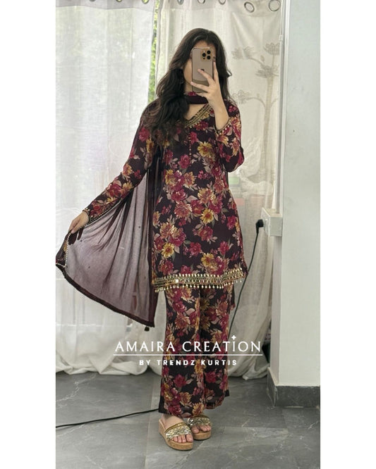 Premium Chinnon Wine Short Kurti Plazo Set