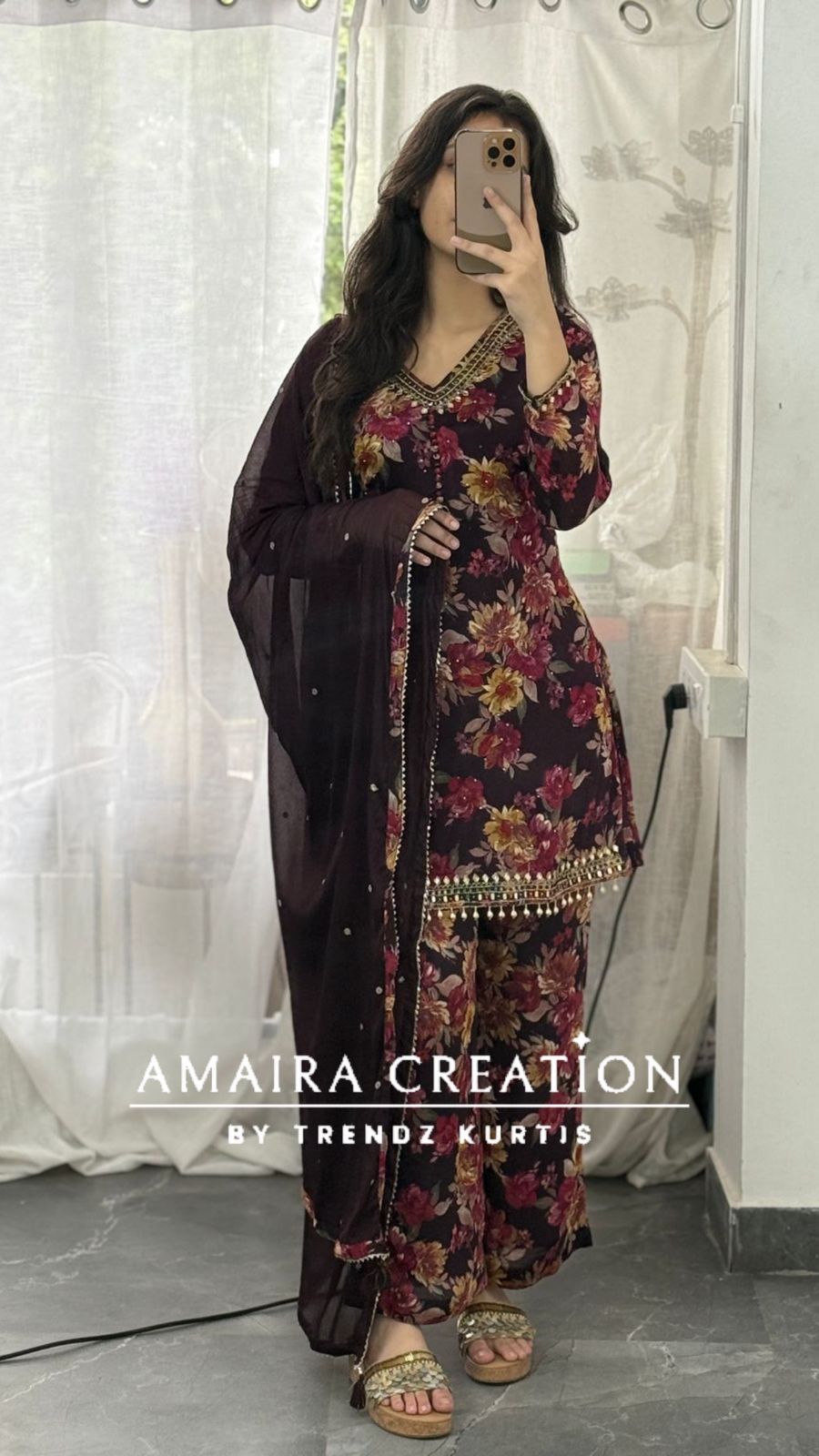 Premium Chinnon Wine Short Kurti Plazo Set