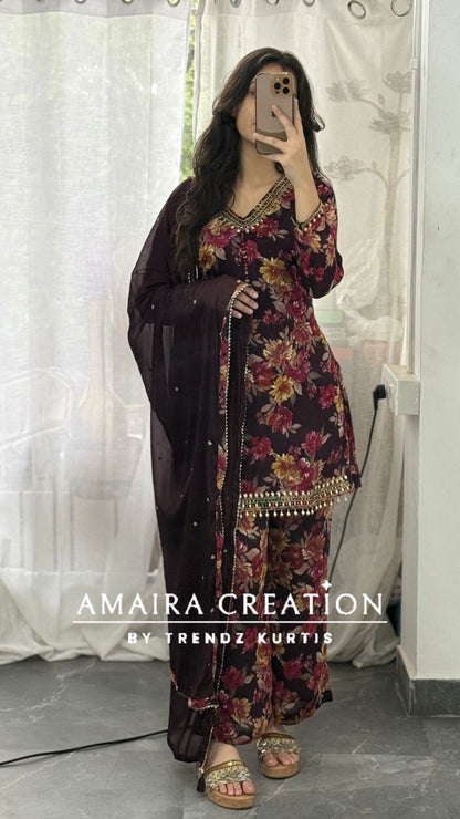 Premium Chinnon Wine Short Kurti Plazo Set