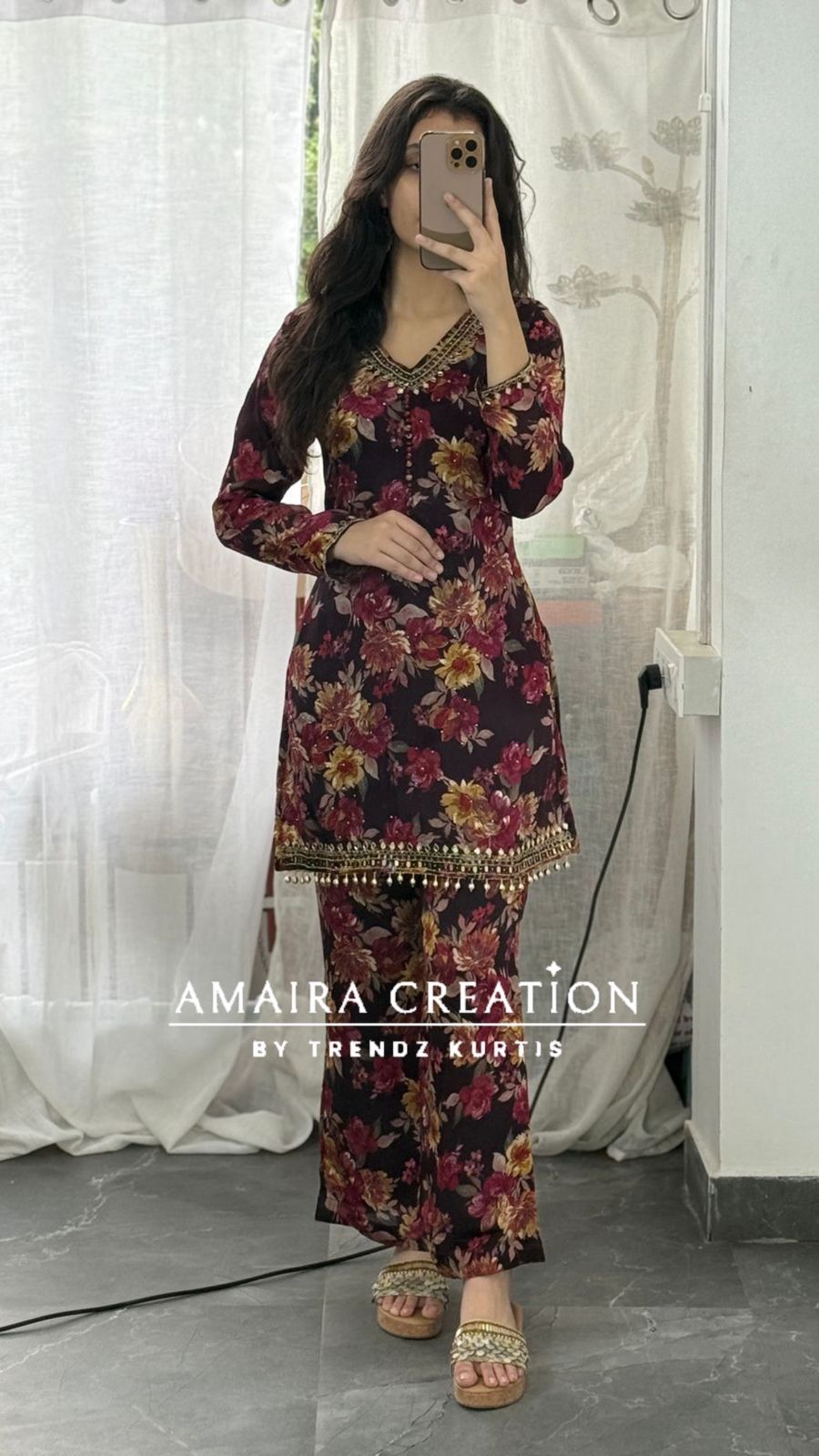Premium Chinnon Wine Short Kurti Plazo Set