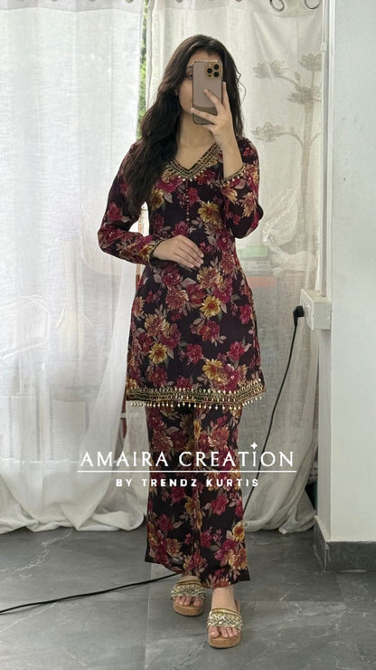 Premium Chinnon Wine Short Kurti Plazo Set