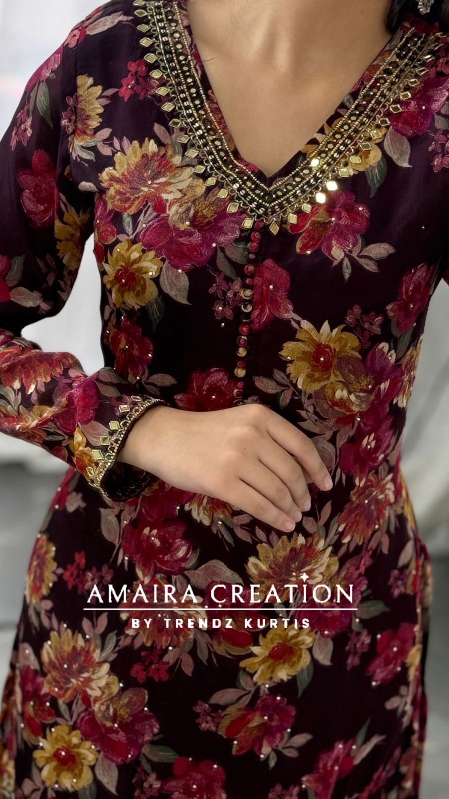 Premium Chinnon Wine Short Kurti Plazo Set