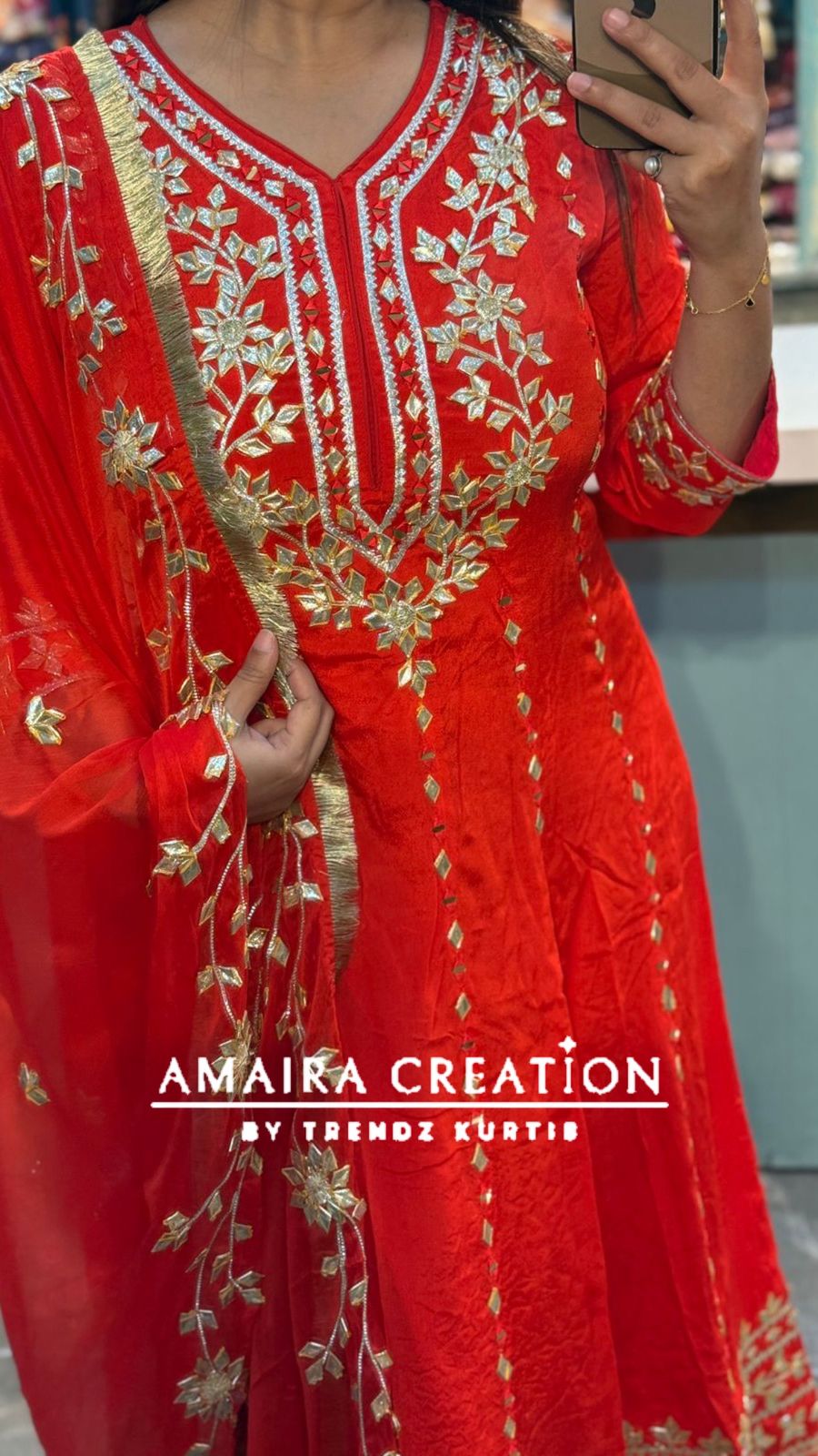 Premium Chinnon Tomato Red Colour Gotta Patti Work Anarkali Set