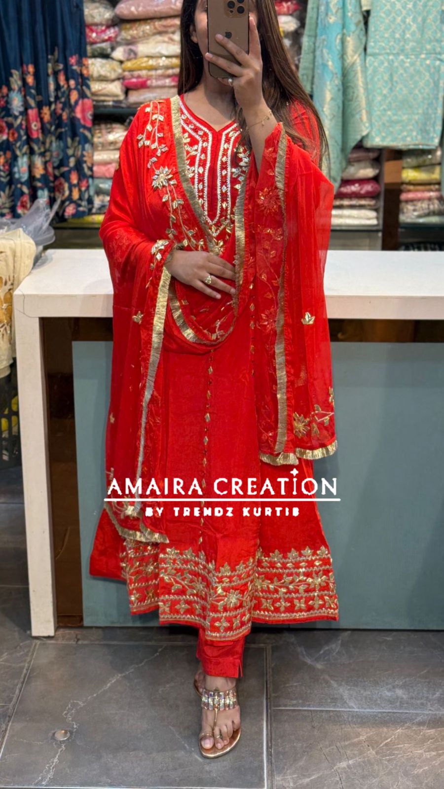 Premium Chinnon Tomato Red Colour Gotta Patti Work Anarkali Set
