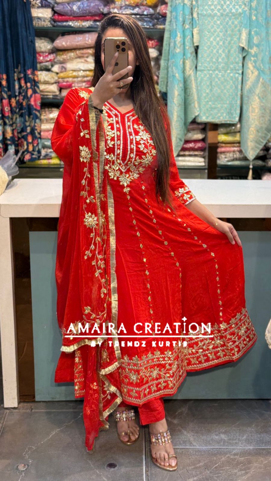 Premium Chinnon Tomato Red Colour Gotta Patti Work Anarkali Set