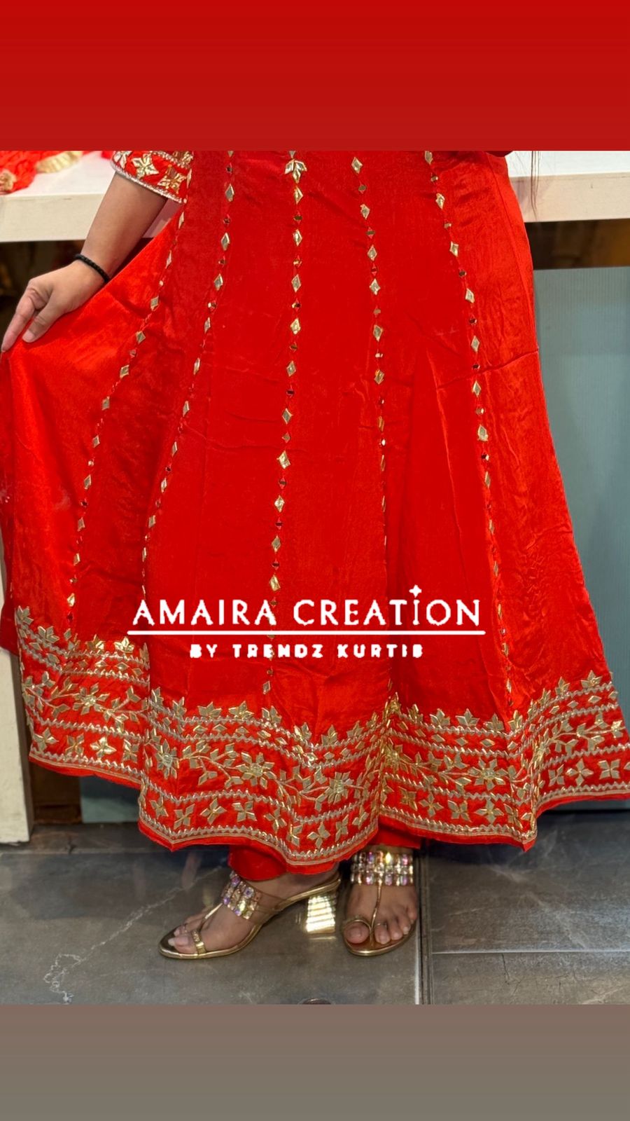 Premium Chinnon Tomato Red Colour Gotta Patti Work Anarkali Set