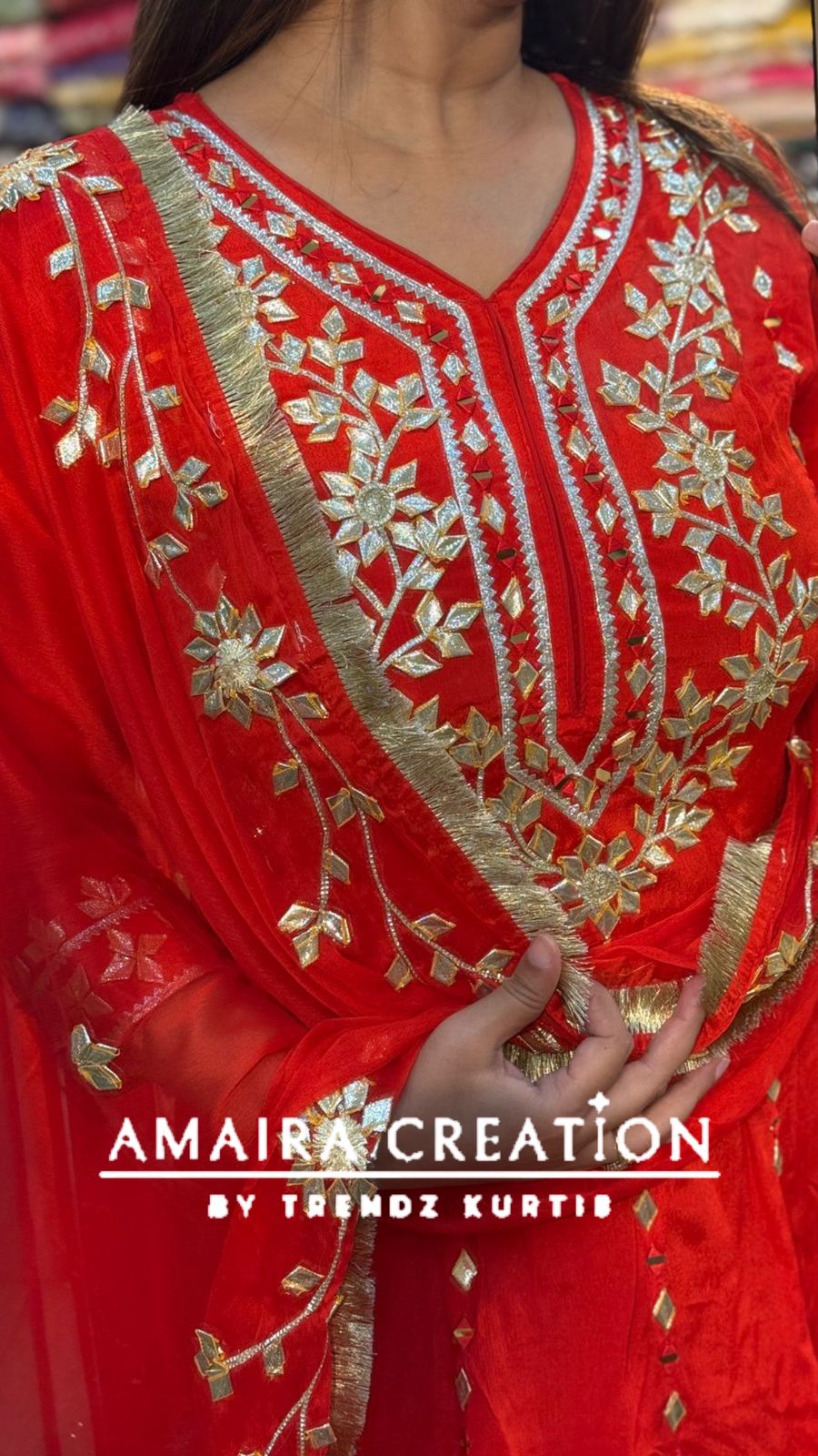 Premium Chinnon Tomato Red Colour Gotta Patti Work Anarkali Set