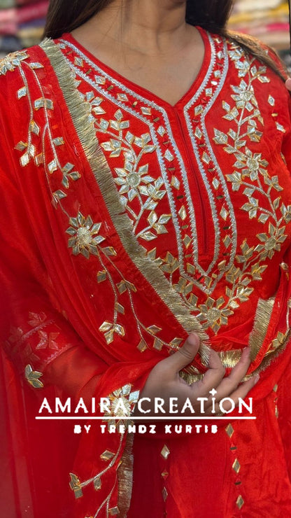 Premium Chinnon Tomato Red Colour Gotta Patti Work Anarkali Set