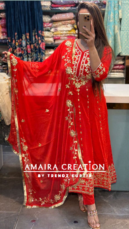 Premium Chinnon Tomato Red Colour Gotta Patti Work Anarkali Set