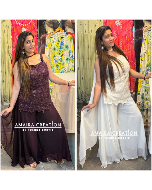 Premium Georgette Cut Dana & Sequence Work Flare Plazo Set(6 inches sleeves available)